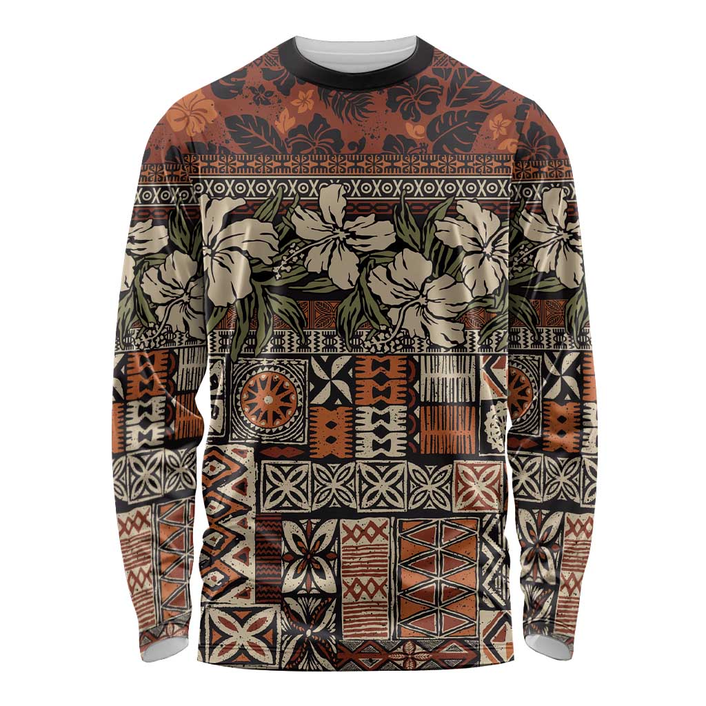 Pacific Hibiscus Tapa Tribal Vintage Long Sleeve Shirt Brown Motif LT9 Unisex Brown - Polynesian Pride