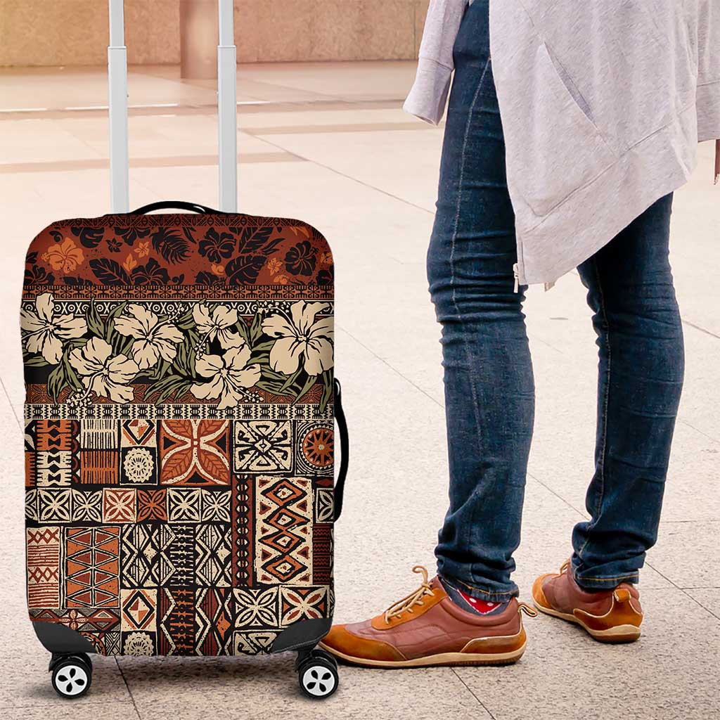 Pacific Hibiscus Tapa Tribal Vintage Luggage Cover Brown Motif LT9 Brown - Polynesian Pride