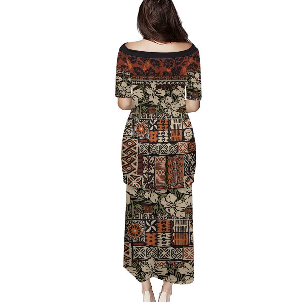 Pacific Hibiscus Tapa Tribal Vintage Puletasi Brown Motif