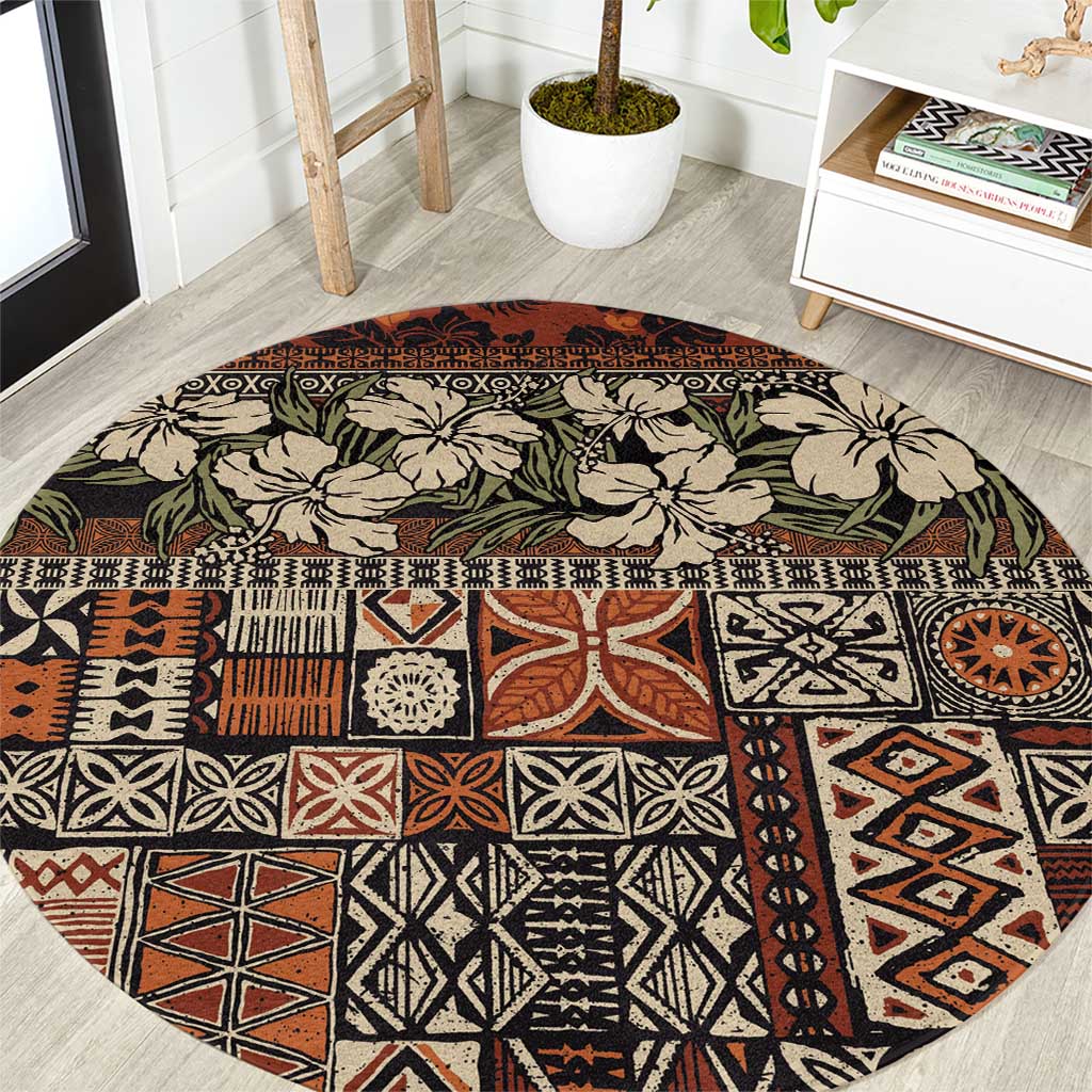 Pacific Hibiscus Tapa Tribal Vintage Round Carpet Brown Motif LT9 Brown - Polynesian Pride