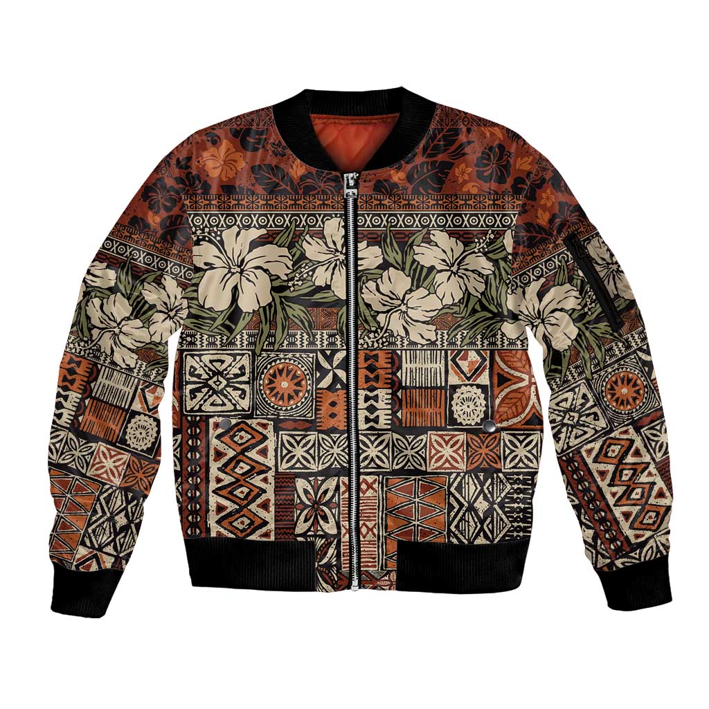 Pacific Hibiscus Tapa Tribal Vintage Sleeve Zip Bomber Jacket Brown Motif LT9 Unisex Brown - Polynesian Pride