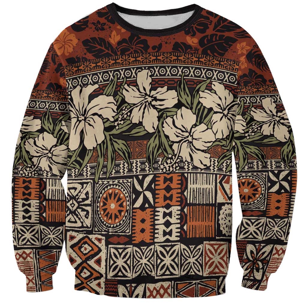 Pacific Hibiscus Tapa Tribal Vintage Sweatshirt Brown Motif