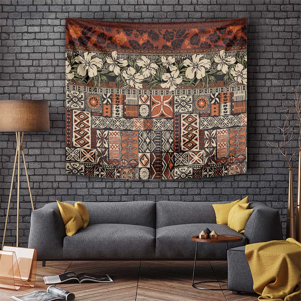 Pacific Hibiscus Tapa Tribal Vintage Tapestry Brown Motif