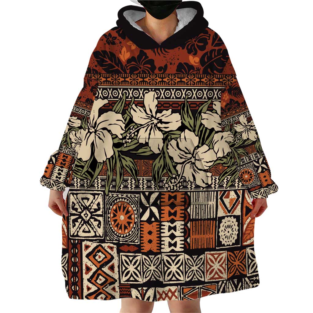 Pacific Hibiscus Tapa Tribal Vintage Wearable Blanket Hoodie Brown Motif