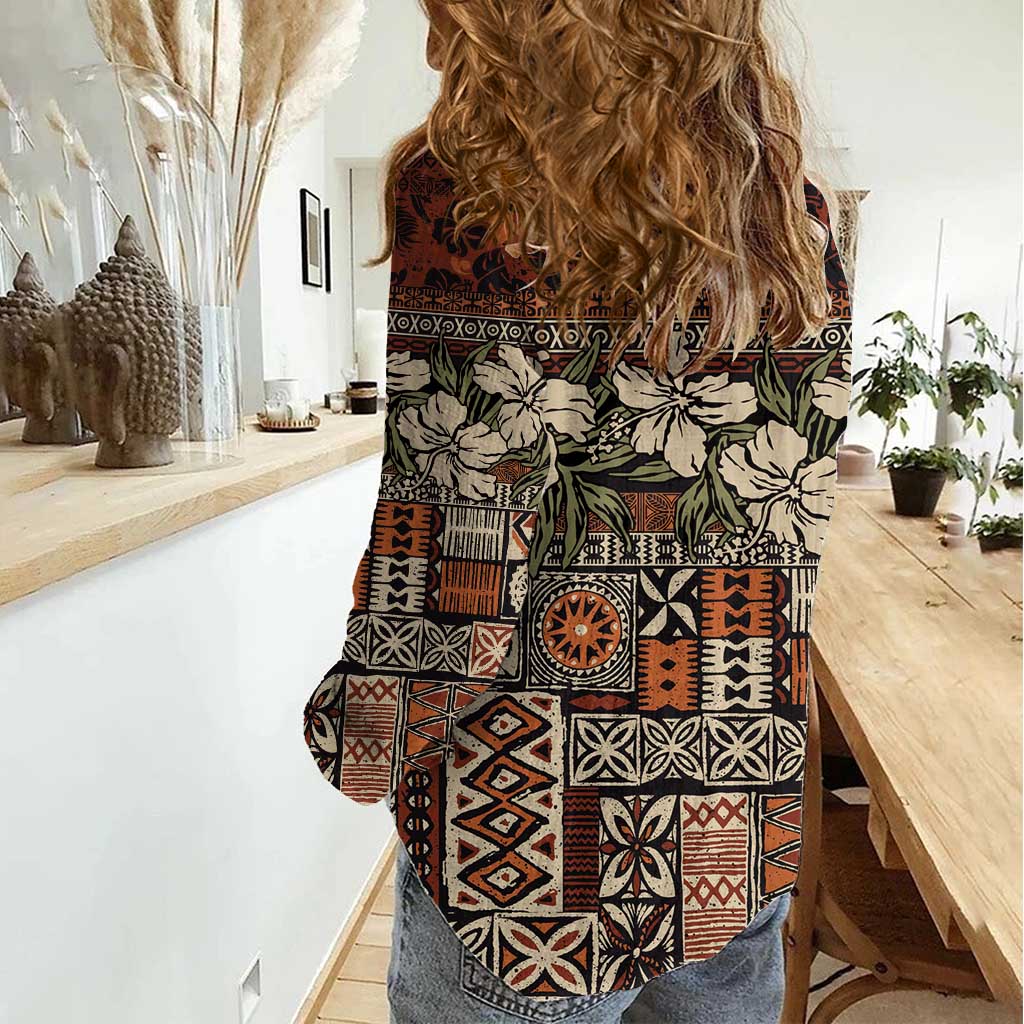 Pacific Hibiscus Tapa Tribal Vintage Women Casual Shirt Brown Motif