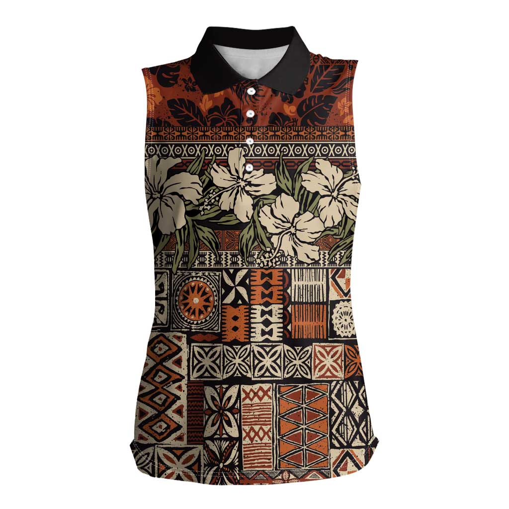 Pacific Hibiscus Tapa Tribal Vintage Women Sleeveless Polo Shirt Brown Motif