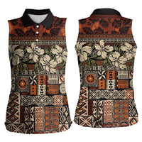 Pacific Hibiscus Tapa Tribal Vintage Women Sleeveless Polo Shirt Brown Motif