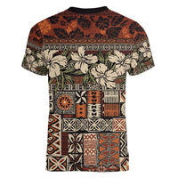 Pacific Hibiscus Tapa Tribal Vintage Women V-Neck T-Shirt Brown Motif