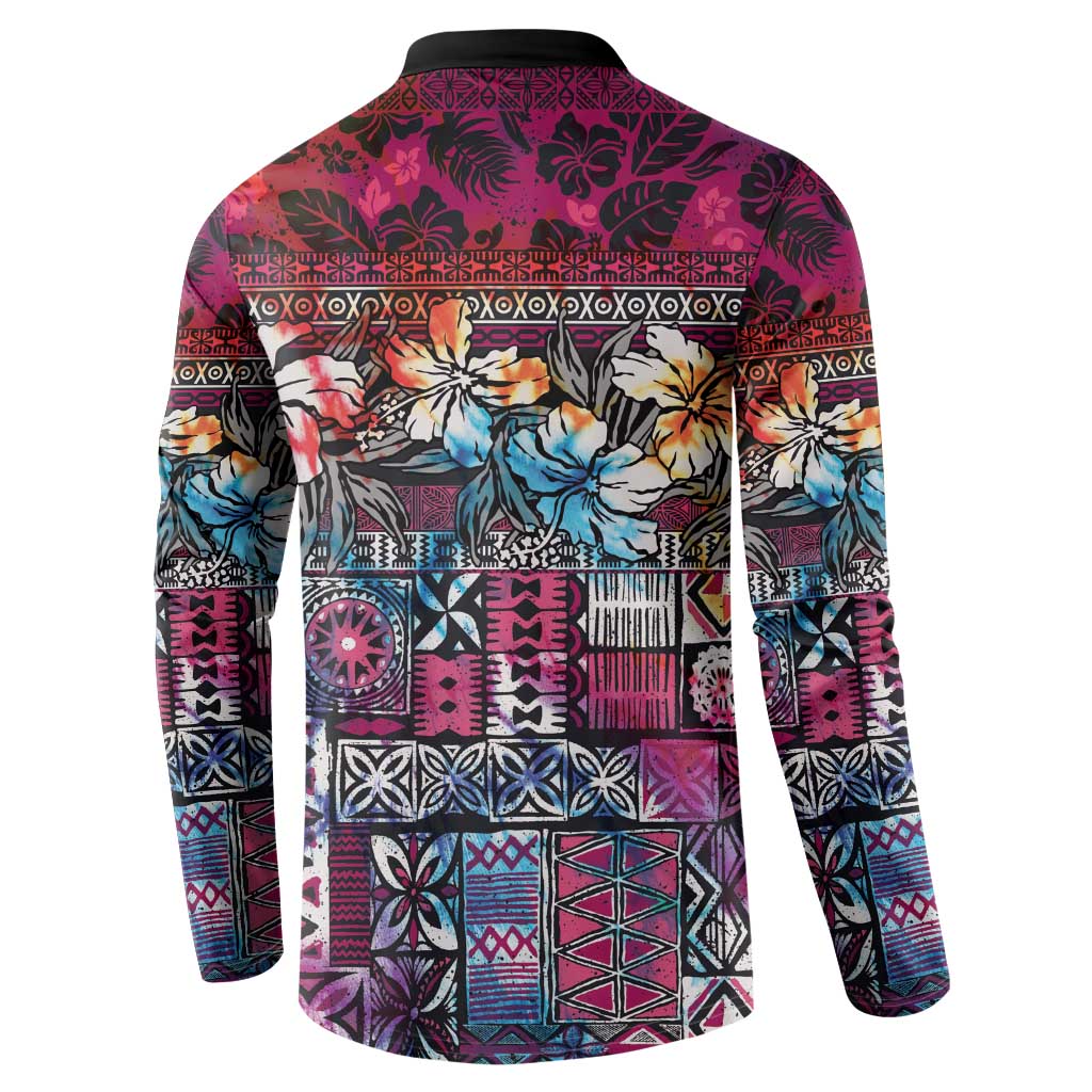 Pacific Hibiscus Tapa Tribal Vintage Button Sweatshirt Pink Motif
