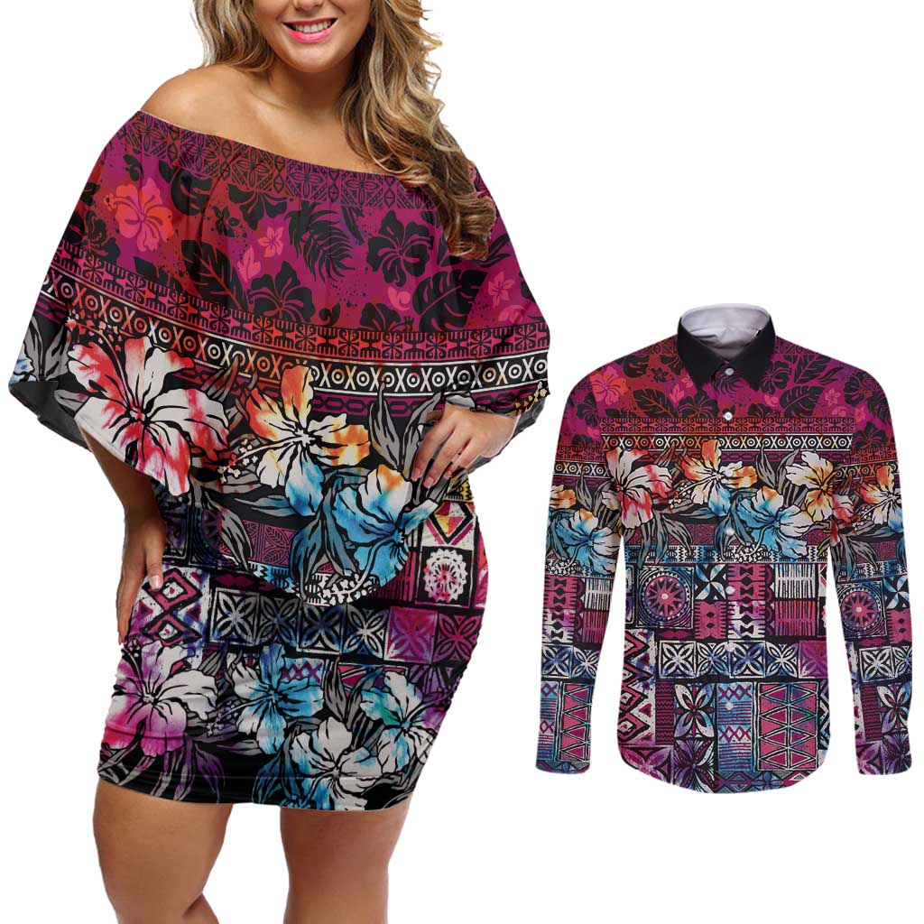 Pacific Hibiscus Tapa Tribal Vintage Couples Matching Off Shoulder Short Dress and Long Sleeve Button Shirt Pink Motif