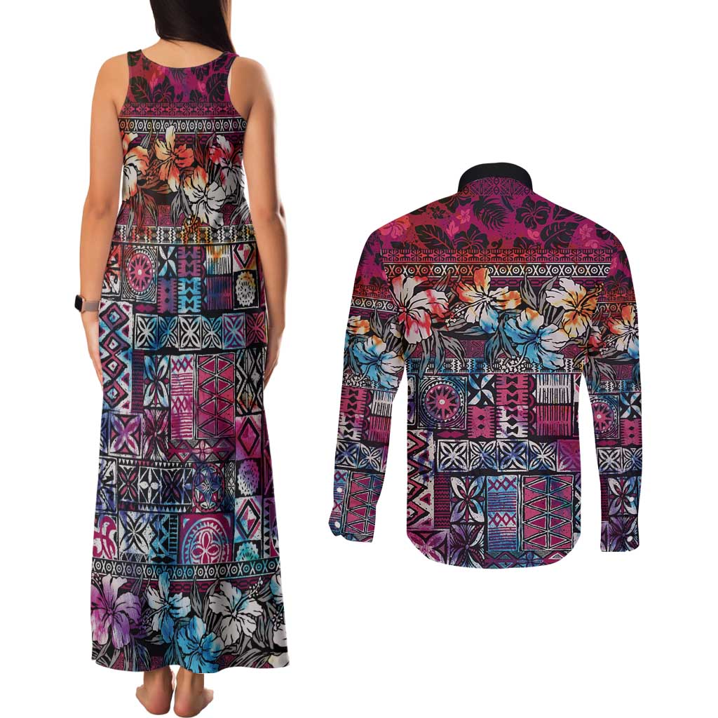 Pacific Hibiscus Tapa Tribal Vintage Couples Matching Tank Maxi Dress and Long Sleeve Button Shirt Pink Motif