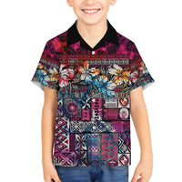 Pacific Hibiscus Tapa Tribal Vintage Family Matching Long Sleeve Bodycon Dress and Hawaiian Shirt Pink Motif