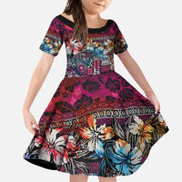 Pacific Hibiscus Tapa Tribal Vintage Family Matching Tank Maxi Dress and Hawaiian Shirt Pink Motif