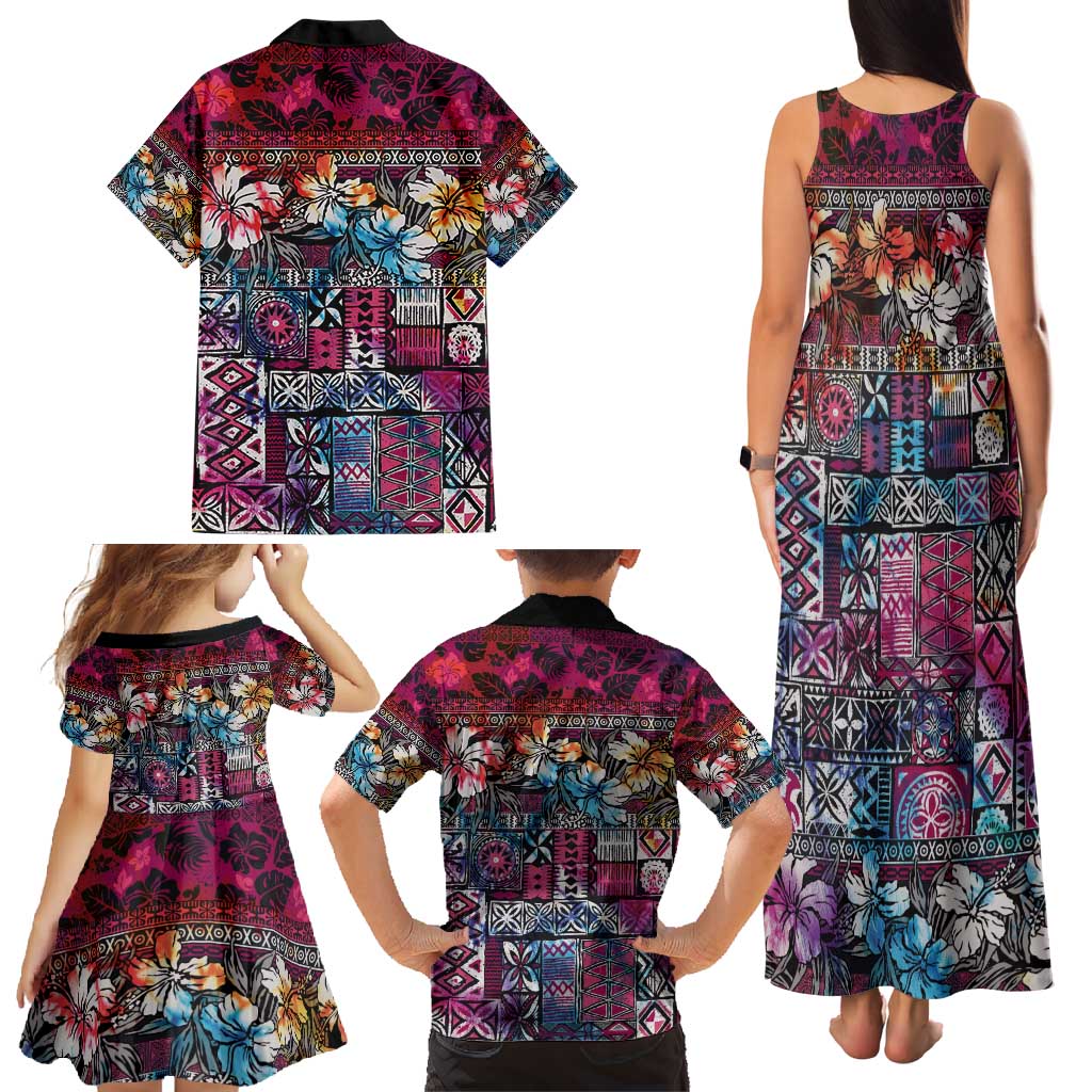 Pacific Hibiscus Tapa Tribal Vintage Family Matching Tank Maxi Dress and Hawaiian Shirt Pink Motif