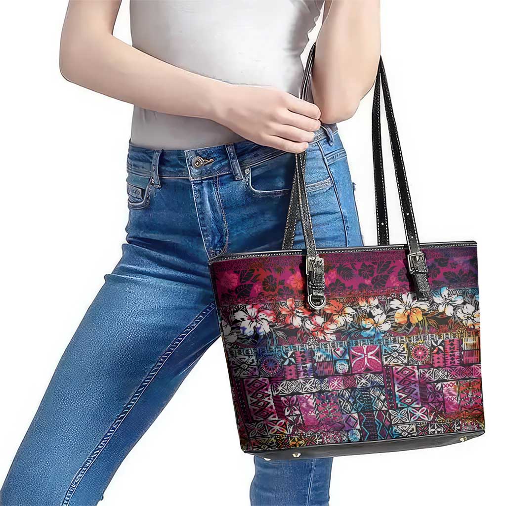 Pacific Hibiscus Tapa Tribal Vintage Leather Tote Bag Pink Motif