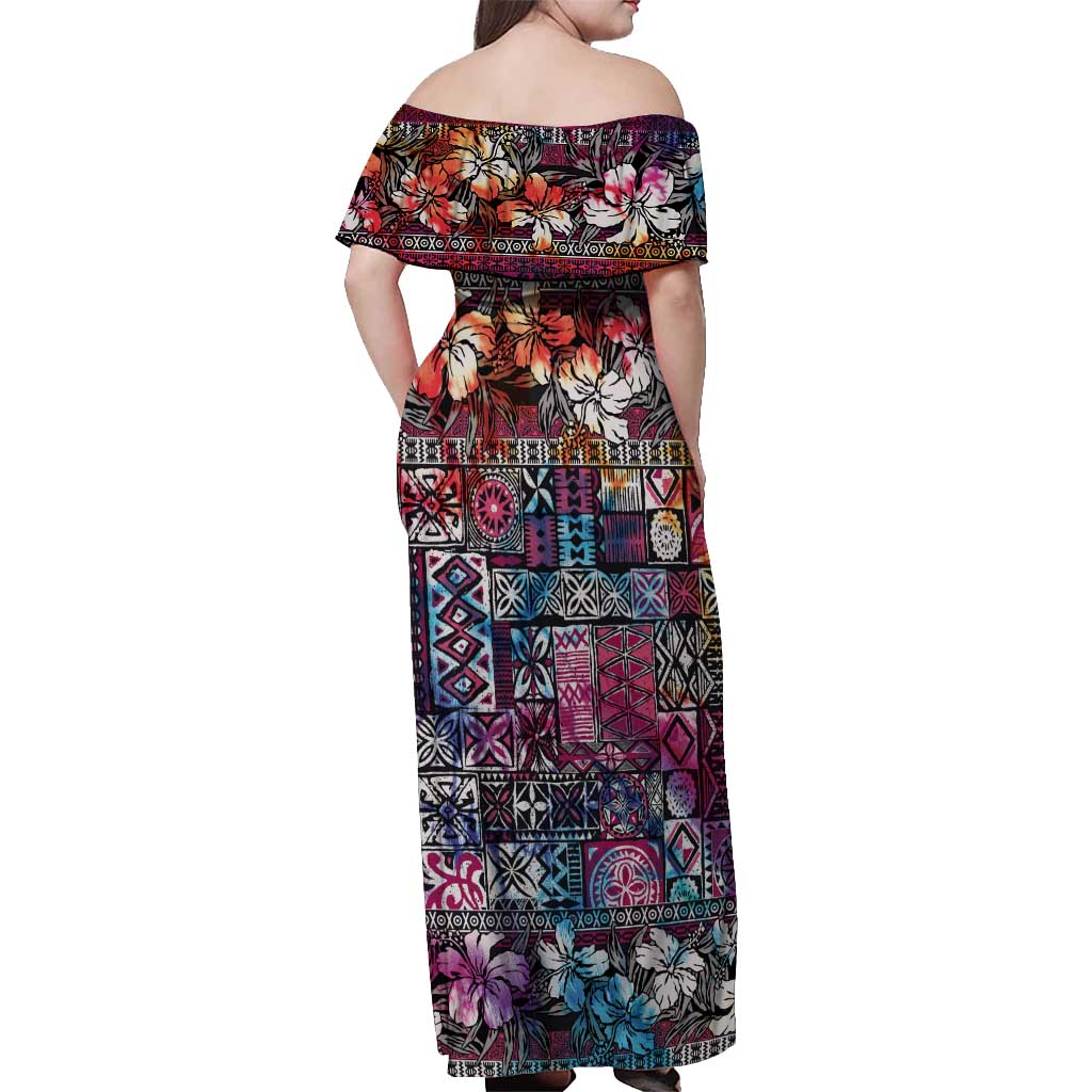 Pacific Hibiscus Tapa Tribal Vintage Off Shoulder Maxi Dress Pink Motif LT9 - Polynesian Pride