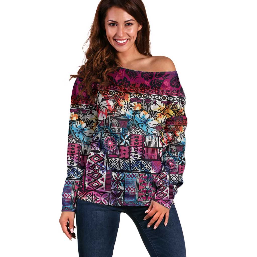 Pacific Hibiscus Tapa Tribal Vintage Off Shoulder Sweater Pink Motif LT9 Women Pink - Polynesian Pride
