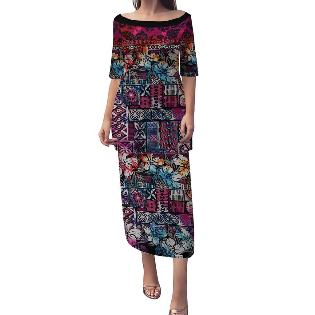 Pacific Hibiscus Tapa Tribal Vintage Puletasi Pink Motif