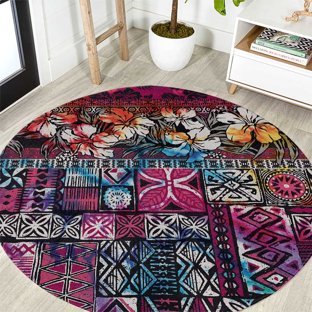 Pacific Hibiscus Tapa Tribal Vintage Round Carpet Pink Motif LT9 Pink - Polynesian Pride