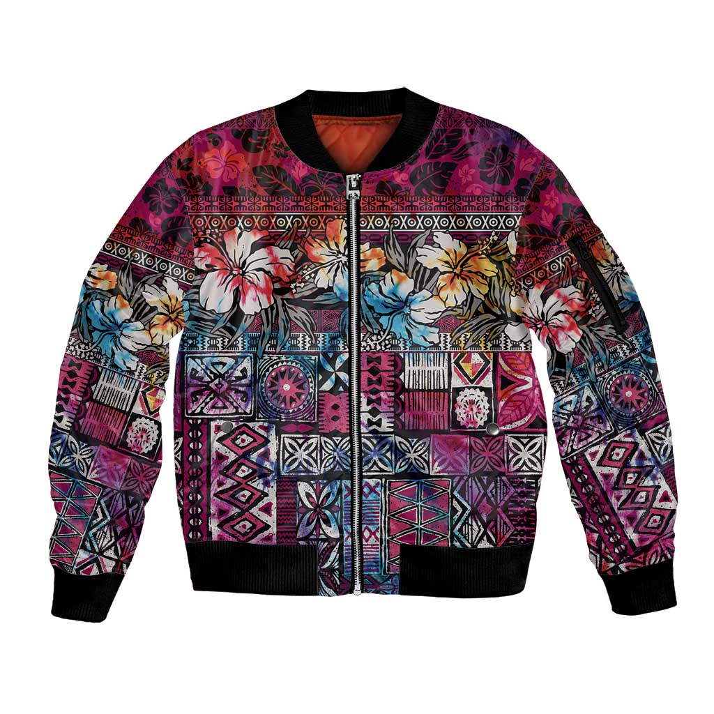 Pacific Hibiscus Tapa Tribal Vintage Sleeve Zip Bomber Jacket Pink Motif LT9 Unisex Pink - Polynesian Pride