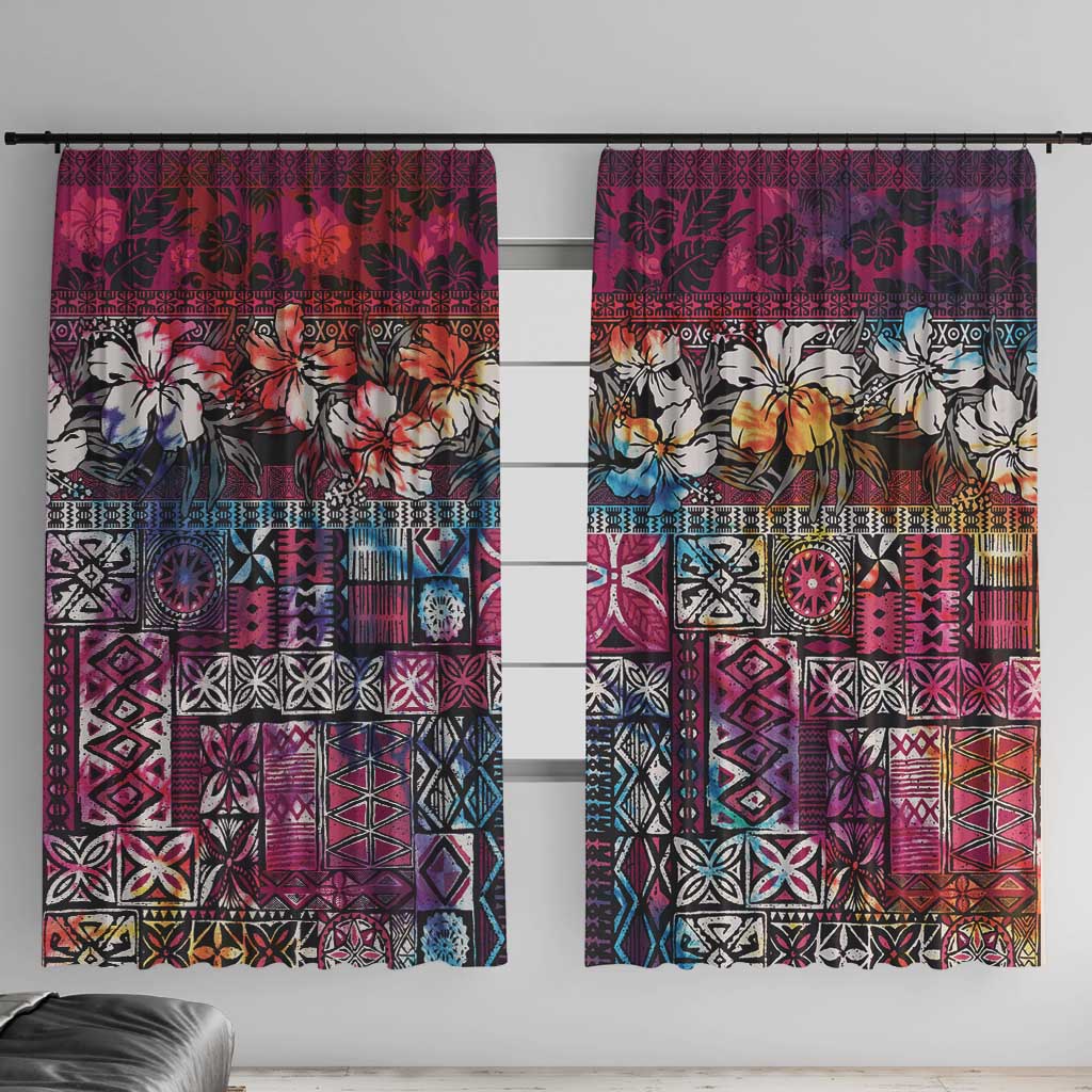 Pacific Hibiscus Tapa Tribal Vintage Window Curtain Pink Motif LT9 With Hooks Pink - Polynesian Pride