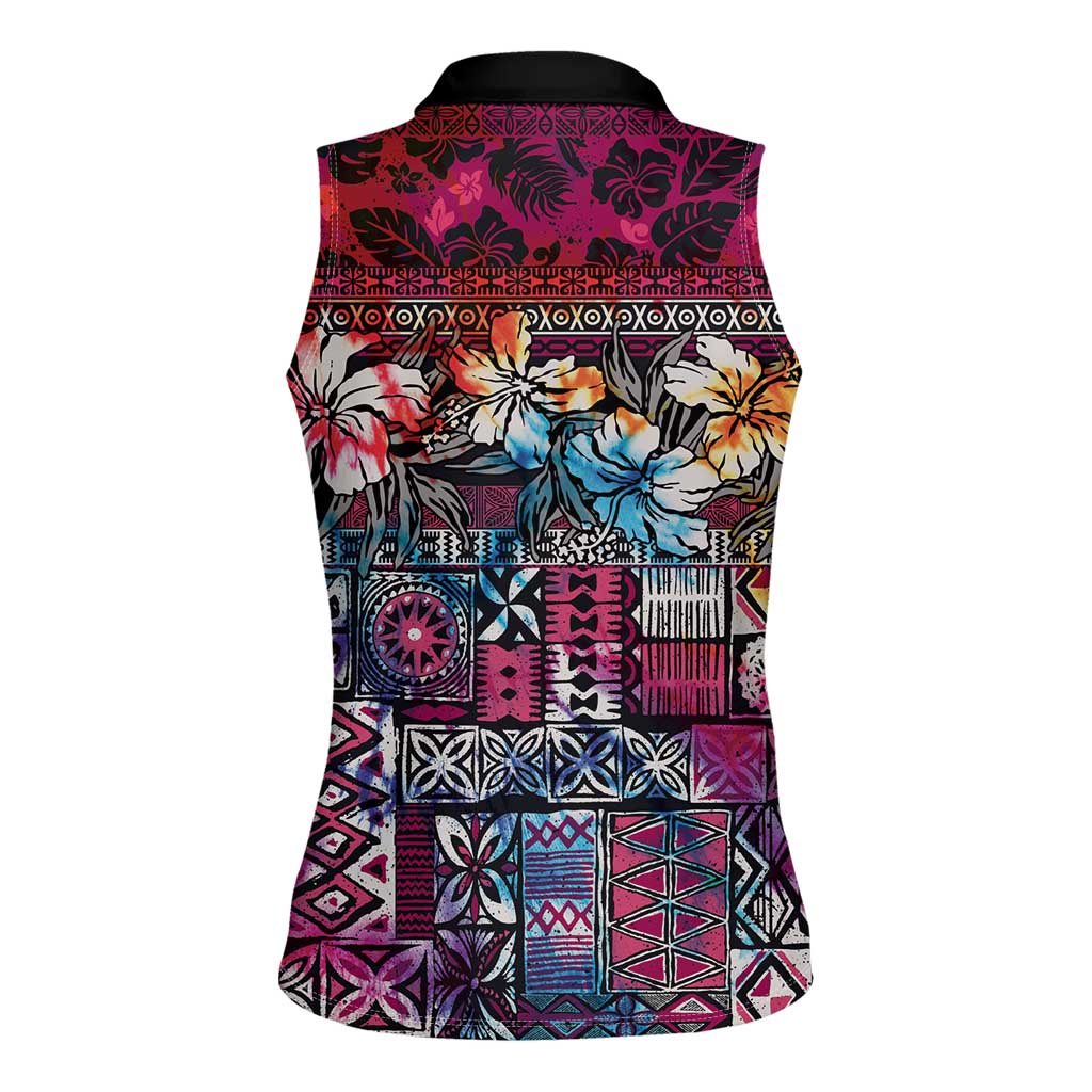 Pacific Hibiscus Tapa Tribal Vintage Women Sleeveless Polo Shirt Pink Motif