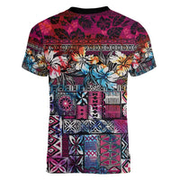 Pacific Hibiscus Tapa Tribal Vintage Women V-Neck T-Shirt Pink Motif