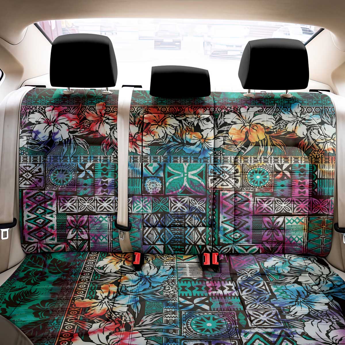 Pacific Hibiscus Tapa Tribal Vintage Back Car Seat Cover Turquoise Motif LT9 - Polynesian Pride