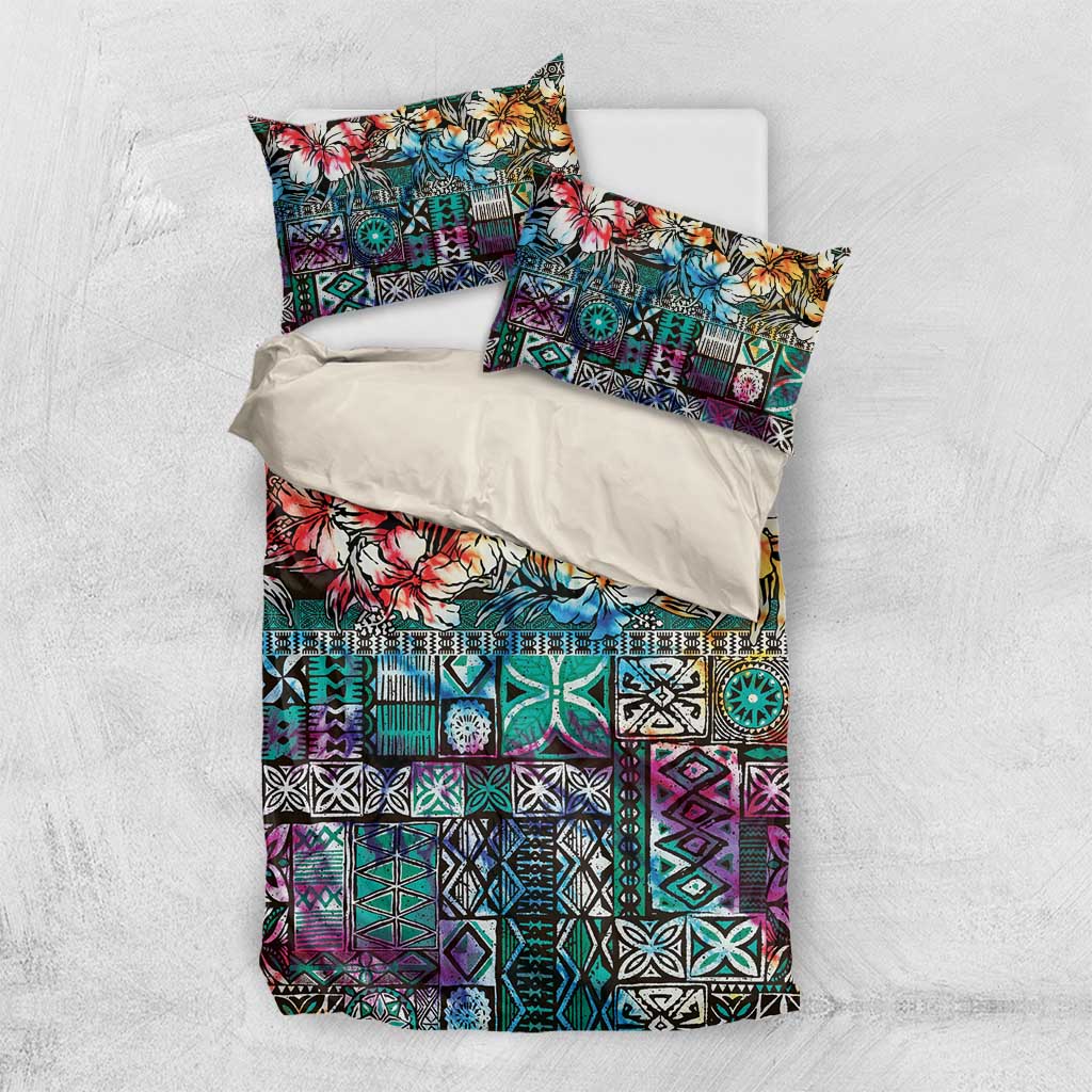 Pacific Hibiscus Tapa Tribal Vintage Bedding Set Turquoise Motif