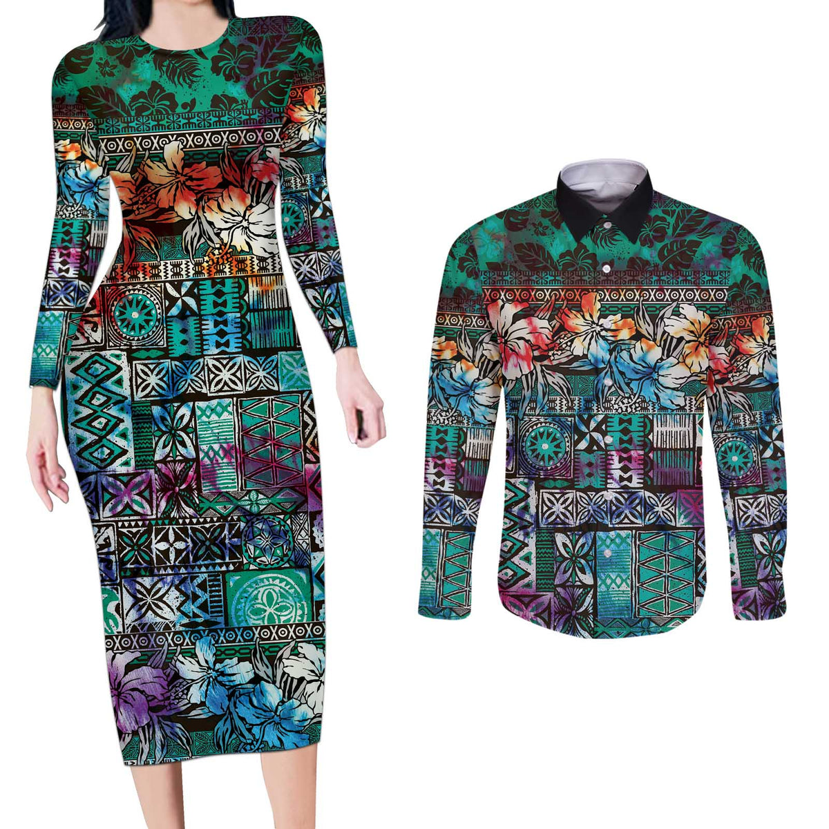 Pacific Hibiscus Tapa Tribal Vintage Couples Matching Long Sleeve Bodycon Dress and Long Sleeve Button Shirt Turquoise Motif