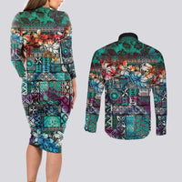 Pacific Hibiscus Tapa Tribal Vintage Couples Matching Long Sleeve Bodycon Dress and Long Sleeve Button Shirt Turquoise Motif