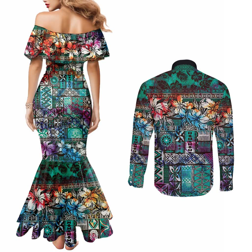 Pacific Hibiscus Tapa Tribal Vintage Couples Matching Mermaid Dress and Long Sleeve Button Shirt Turquoise Motif