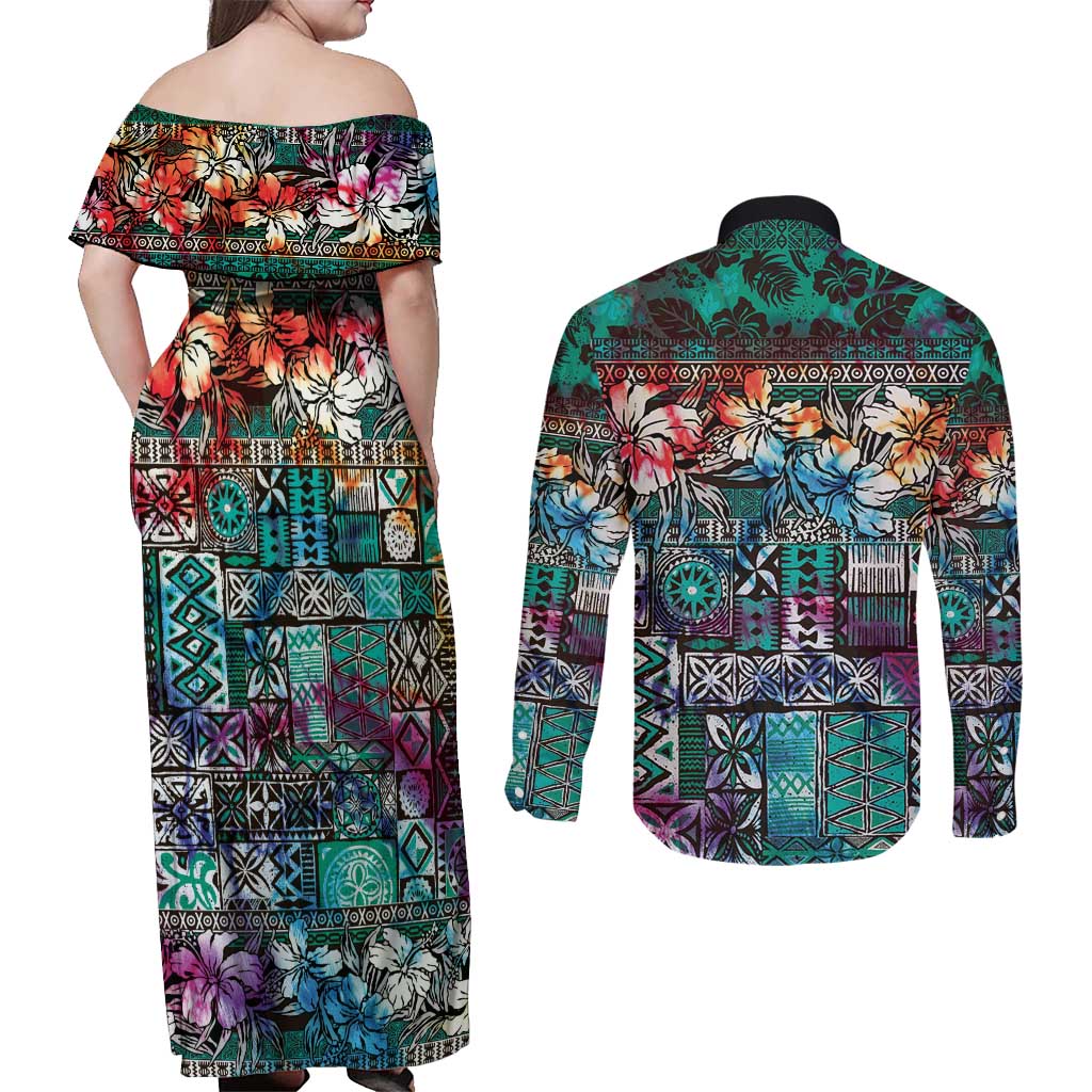 Pacific Hibiscus Tapa Tribal Vintage Couples Matching Off Shoulder Maxi Dress and Long Sleeve Button Shirt Turquoise Motif