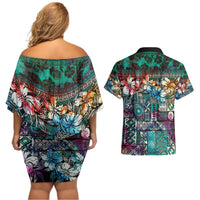 Pacific Hibiscus Tapa Tribal Vintage Couples Matching Off Shoulder Short Dress and Hawaiian Shirt Turquoise Motif