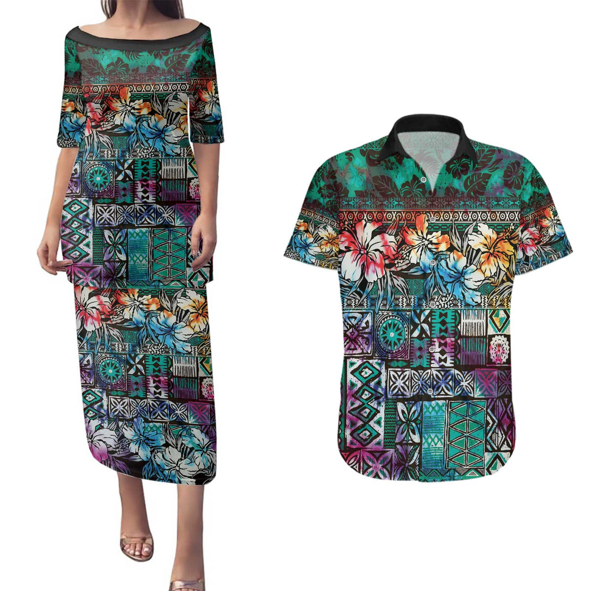 Pacific Hibiscus Tapa Tribal Vintage Couples Matching Puletasi and Hawaiian Shirt Turquoise Motif