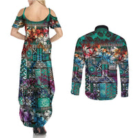 Pacific Hibiscus Tapa Tribal Vintage Couples Matching Summer Maxi Dress and Long Sleeve Button Shirt Turquoise Motif