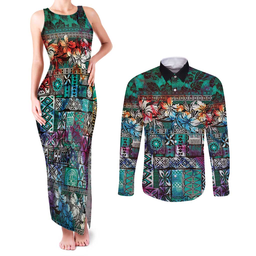 Pacific Hibiscus Tapa Tribal Vintage Couples Matching Tank Maxi Dress and Long Sleeve Button Shirt Turquoise Motif