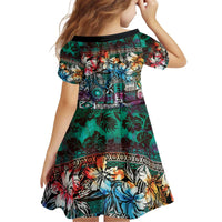 Pacific Hibiscus Tapa Tribal Vintage Family Matching Off Shoulder Short Dress and Hawaiian Shirt Turquoise Motif