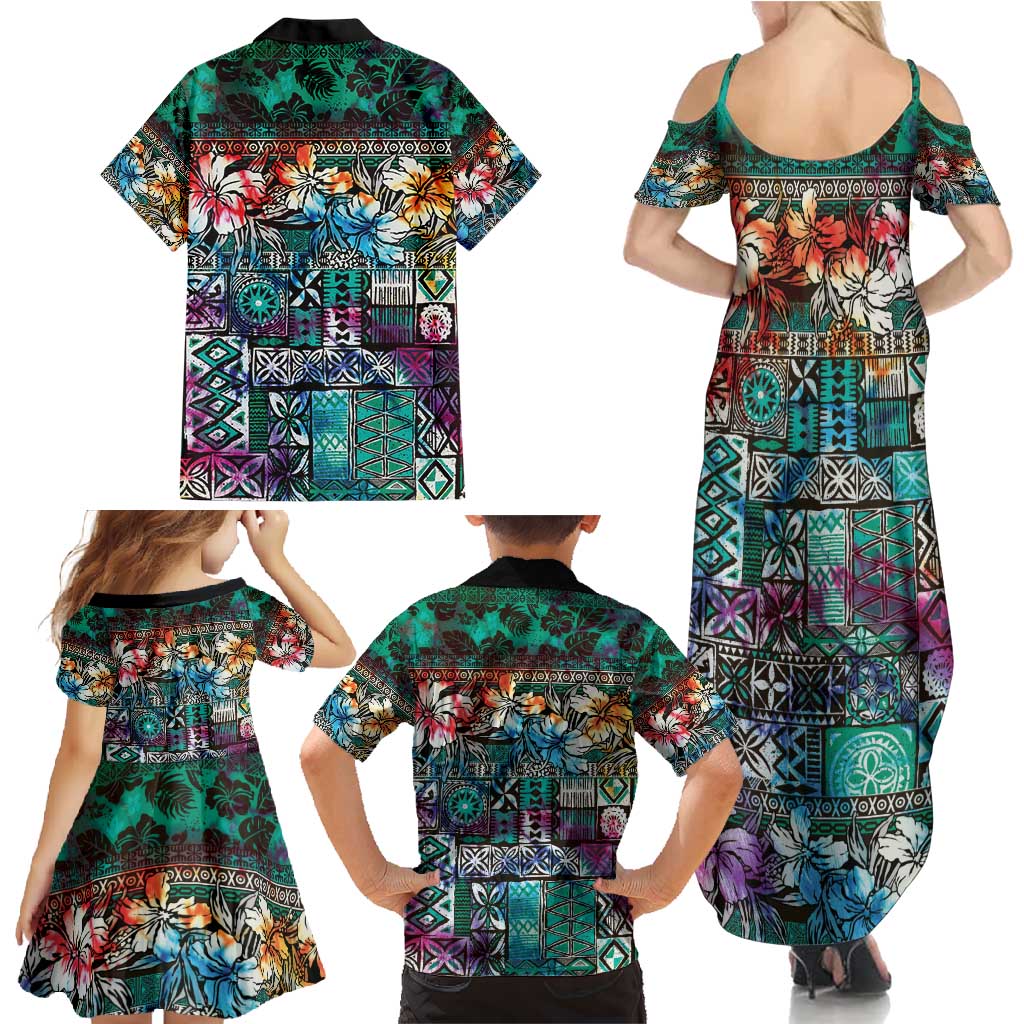 Pacific Hibiscus Tapa Tribal Vintage Family Matching Summer Maxi Dress and Hawaiian Shirt Turquoise Motif
