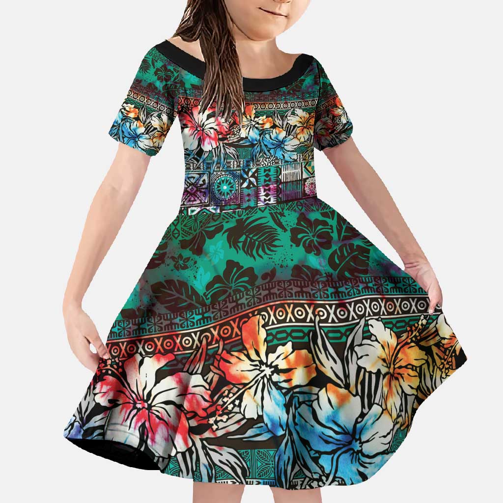 Pacific Hibiscus Tapa Tribal Vintage Family Matching Tank Maxi Dress and Hawaiian Shirt Turquoise Motif