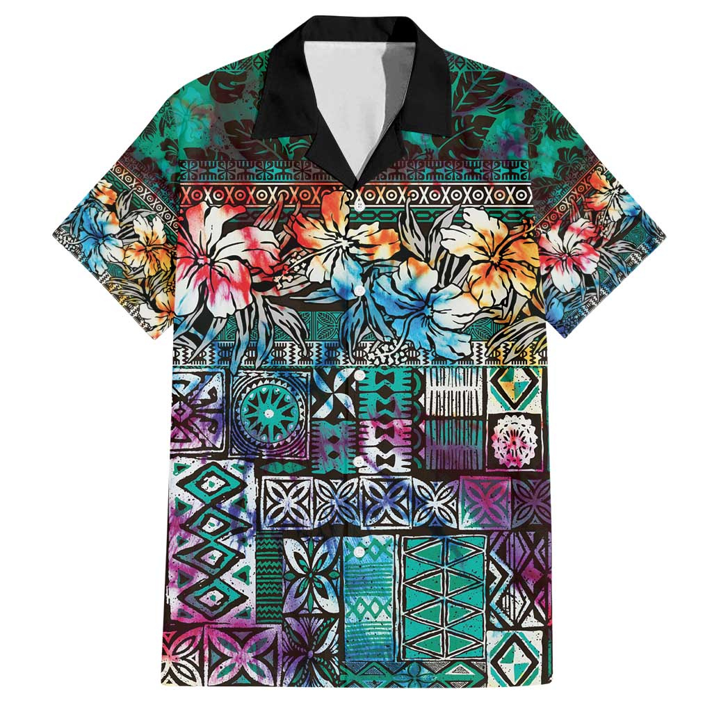 Pacific Hibiscus Tapa Tribal Vintage Family Matching Tank Maxi Dress and Hawaiian Shirt Turquoise Motif