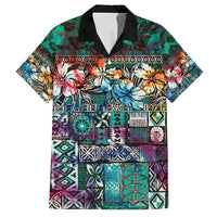 Pacific Hibiscus Tapa Tribal Vintage Family Matching Tank Maxi Dress and Hawaiian Shirt Turquoise Motif