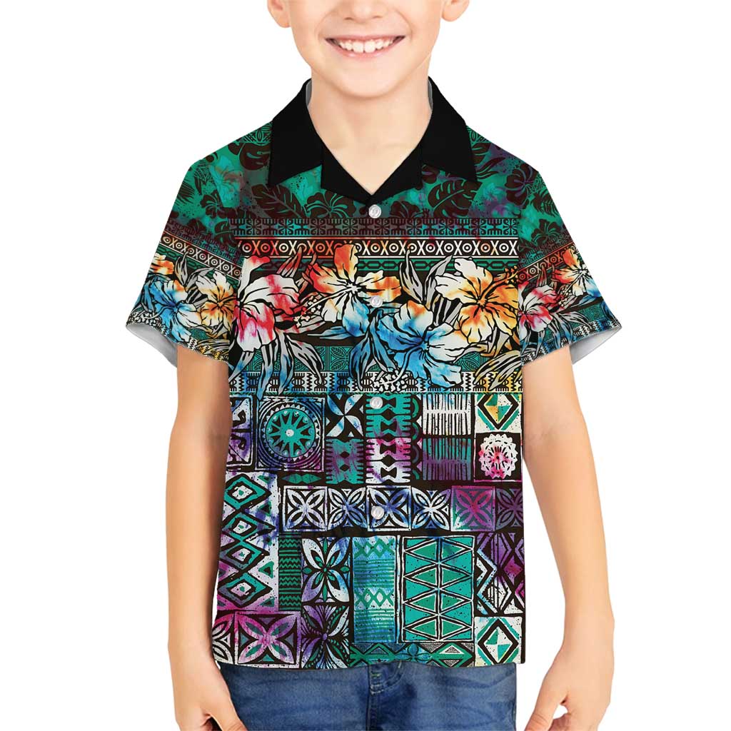 Pacific Hibiscus Tapa Tribal Vintage Family Matching Tank Maxi Dress and Hawaiian Shirt Turquoise Motif