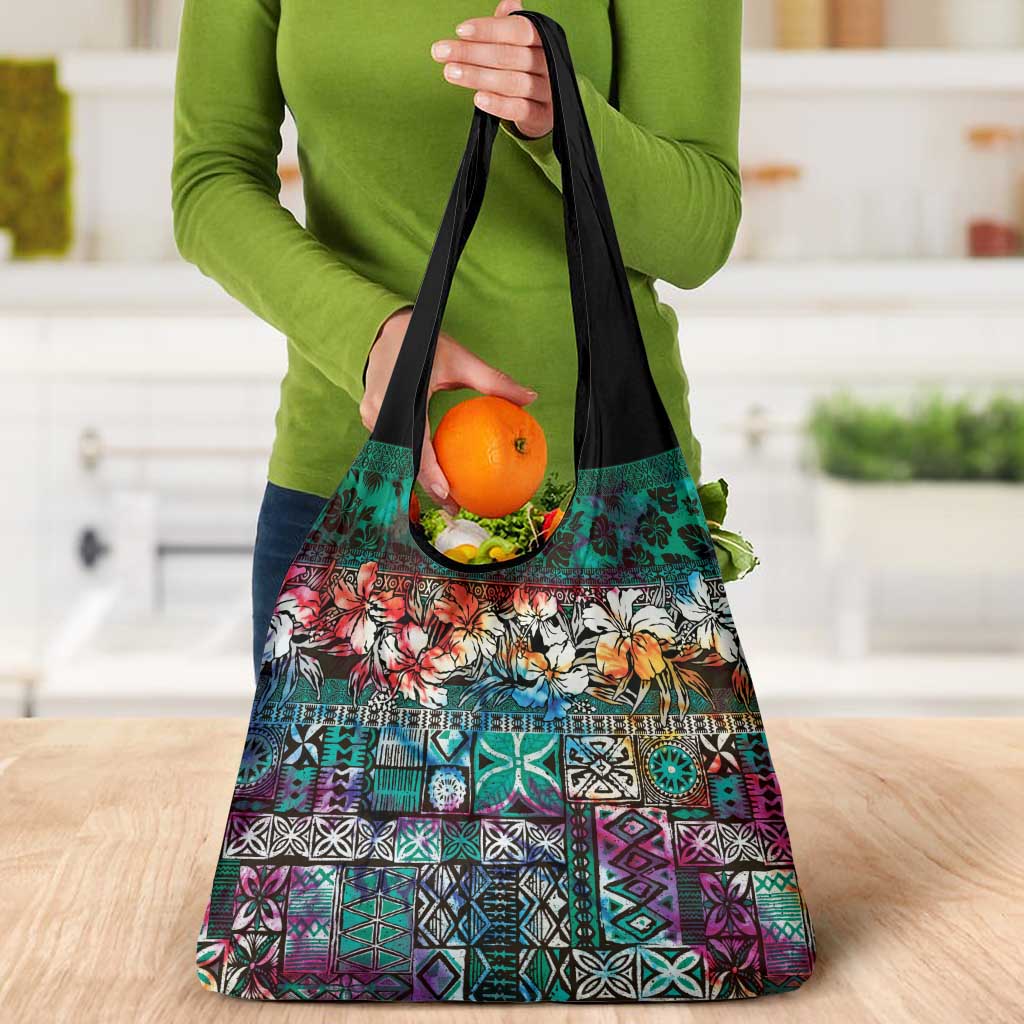Pacific Hibiscus Tapa Tribal Vintage Grocery Bag Turquoise Motif