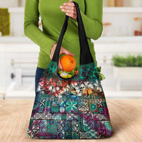 Pacific Hibiscus Tapa Tribal Vintage Grocery Bag Turquoise Motif