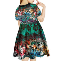 Pacific Hibiscus Tapa Tribal Vintage Kid Short Sleeve Dress Turquoise Motif