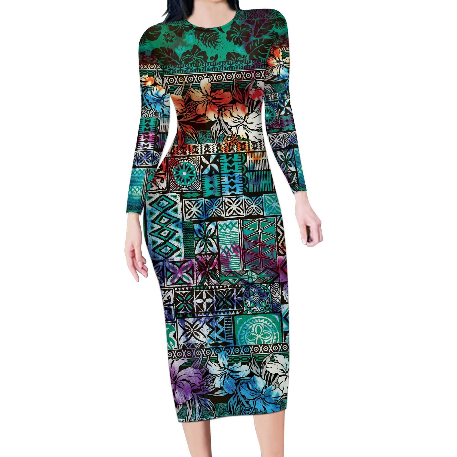Pacific Hibiscus Tapa Tribal Vintage Long Sleeve Bodycon Dress Turquoise Motif LT9 Long Dress Turquoise - Polynesian Pride