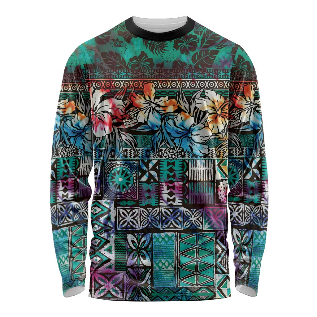 Pacific Hibiscus Tapa Tribal Vintage Long Sleeve Shirt Turquoise Motif LT9 Unisex Turquoise - Polynesian Pride