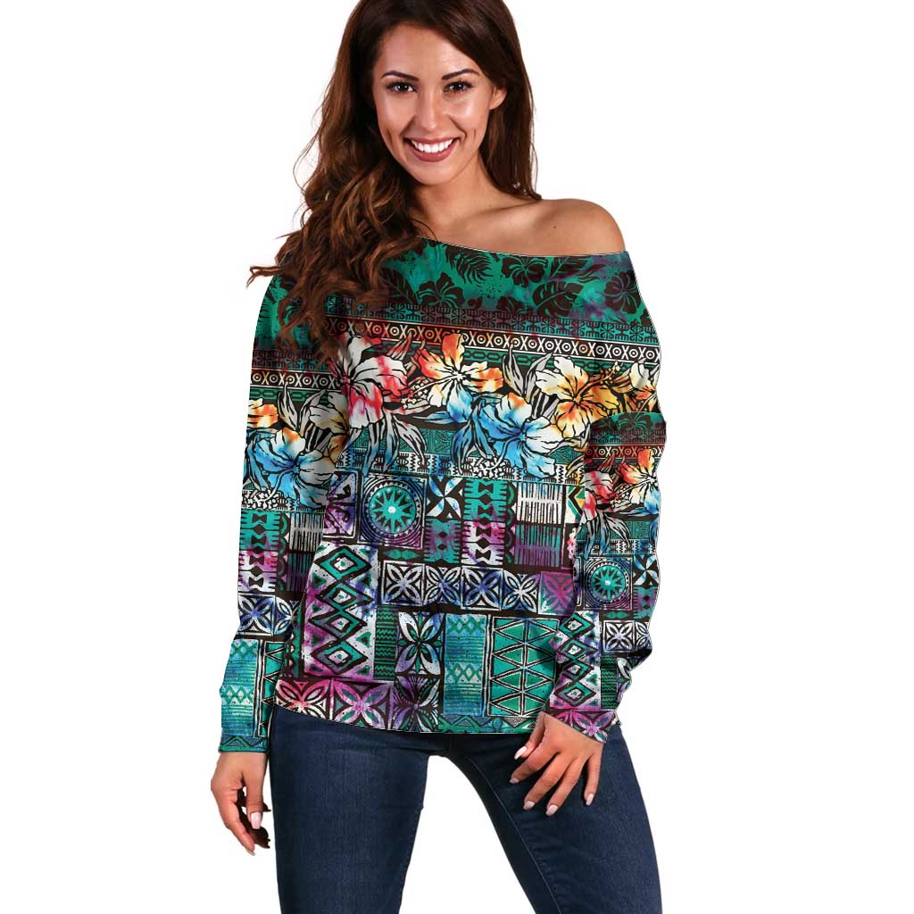 Pacific Hibiscus Tapa Tribal Vintage Off Shoulder Sweater Turquoise Motif LT9 Women Turquoise - Polynesian Pride