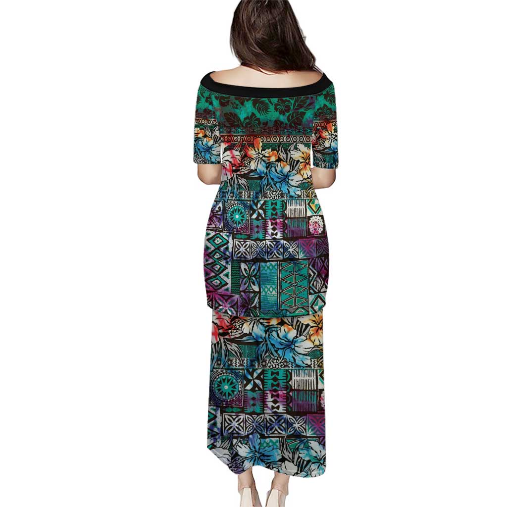 Pacific Hibiscus Tapa Tribal Vintage Puletasi Turquoise Motif